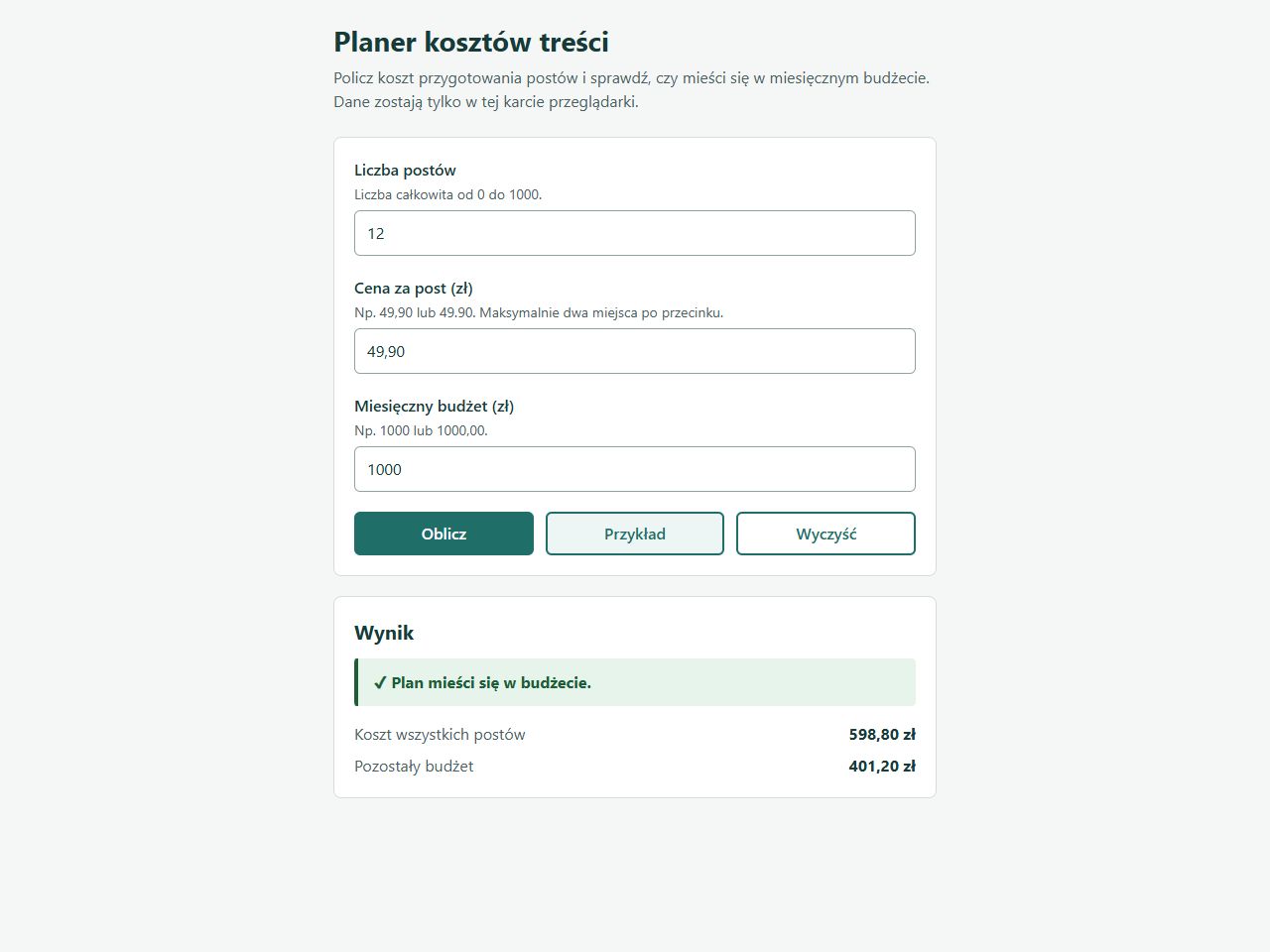 Planer przygotowany przez Claude Code: formularz nad wynikiem w jednej kolumnie