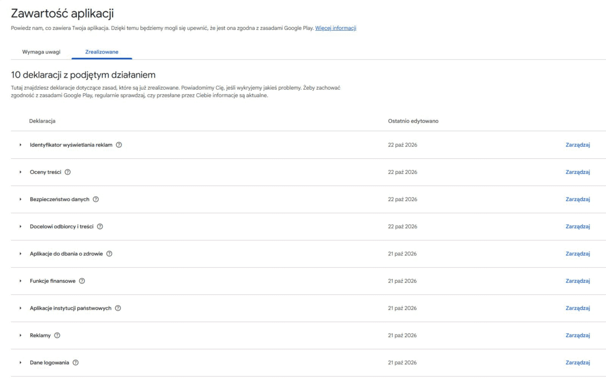 Deklaracje zawartości aplikacji w Google Play Console