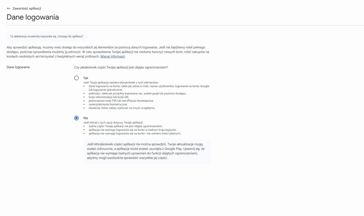Sekcja Dane logowania w Google Play Console