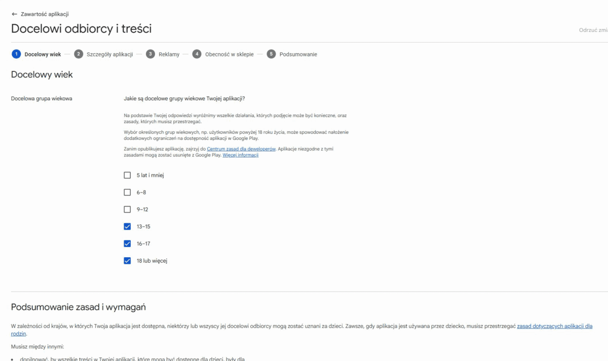 Docelowe grupy wieku aplikacji w Google Play Console