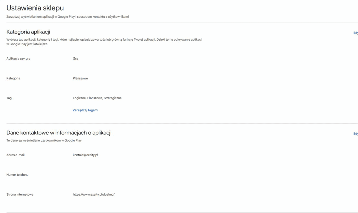 Kategoria aplikacji i kontakt dewelopera w Google Play