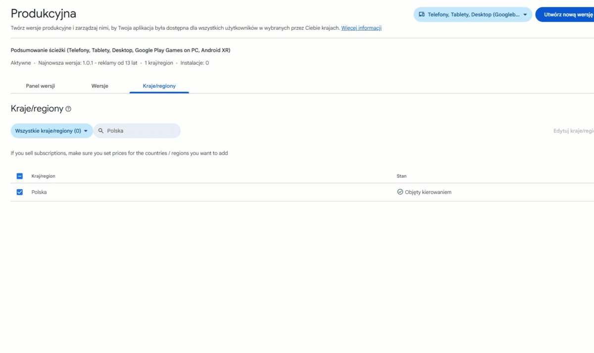 Kraje i regiony udostępniania aplikacji w Google Play