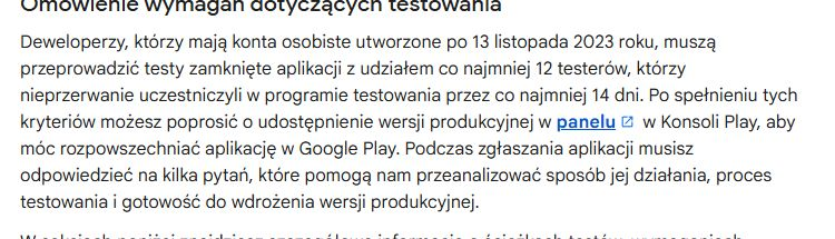 Wymagania testu zamkniętego 12 testerów przez 14 dni