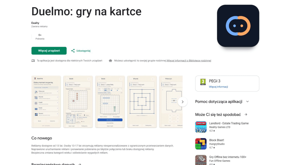 Publiczna karta gry Duelmo w sklepie Google Play