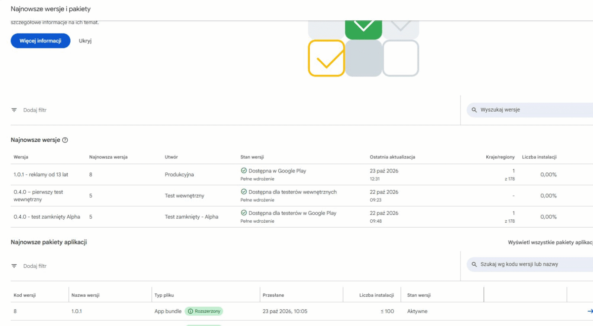 Lista wersji i kodów wersji aplikacji w Google Play Console
