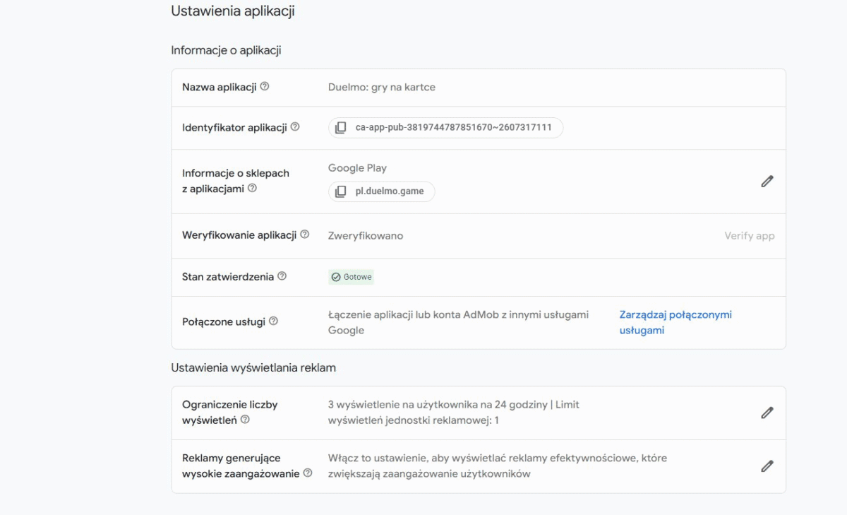 Status weryfikacji i gotowości aplikacji w Google AdMob