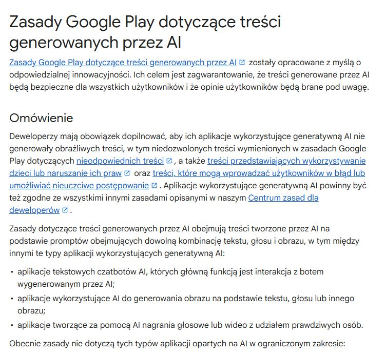 Zasady Google Play dotyczące treści generowanych przez AI
