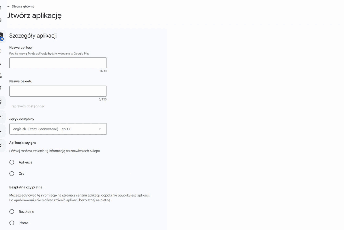 Formularz Utwórz aplikację w Google Play Console