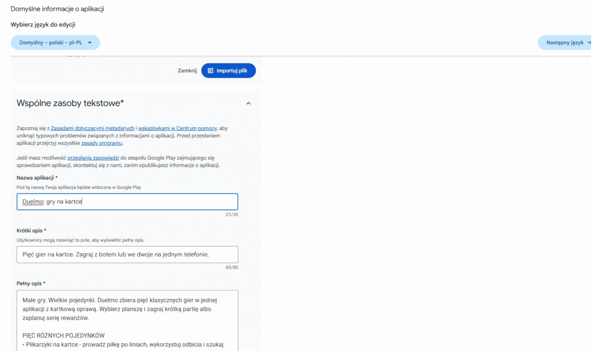 Nazwa krótki opis i pełny opis aplikacji w Google Play