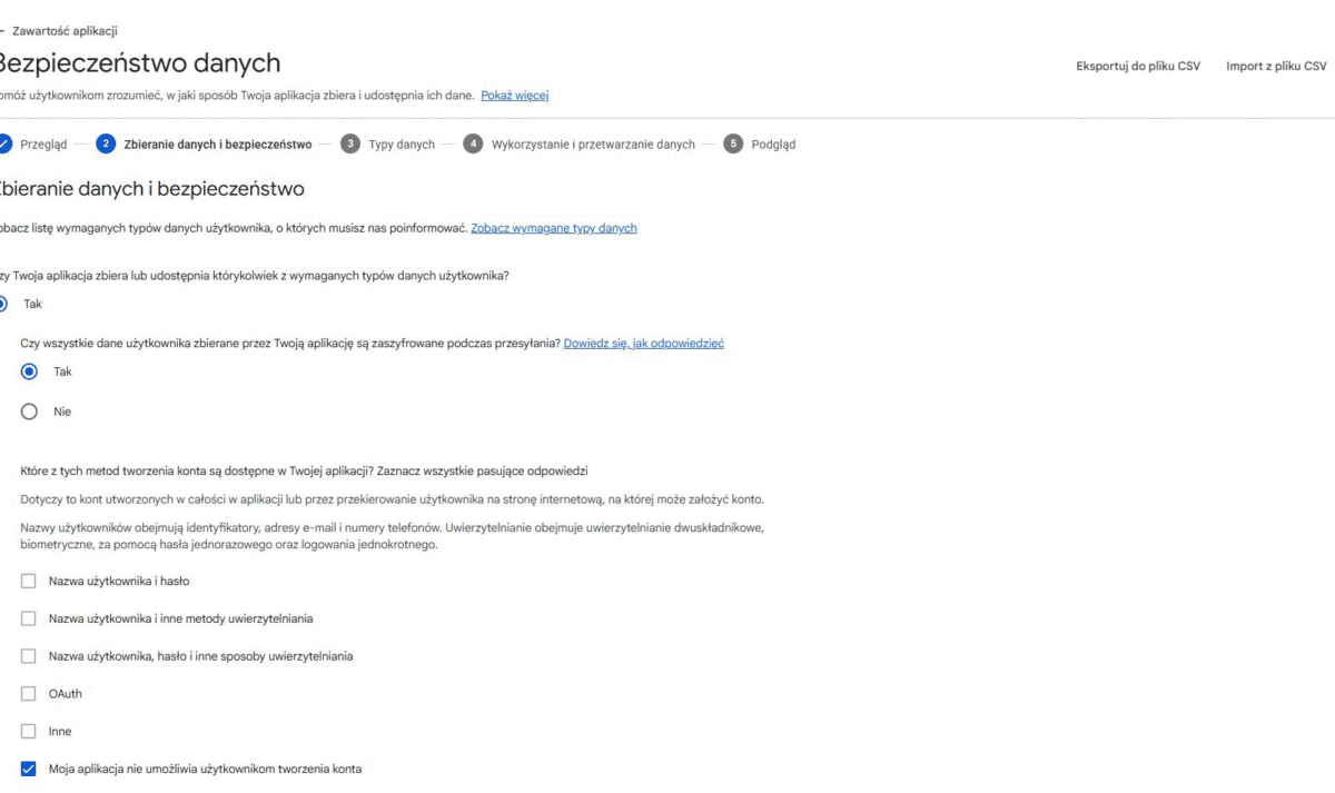 Pytania o zbieranie danych i konta w Google Play Console
