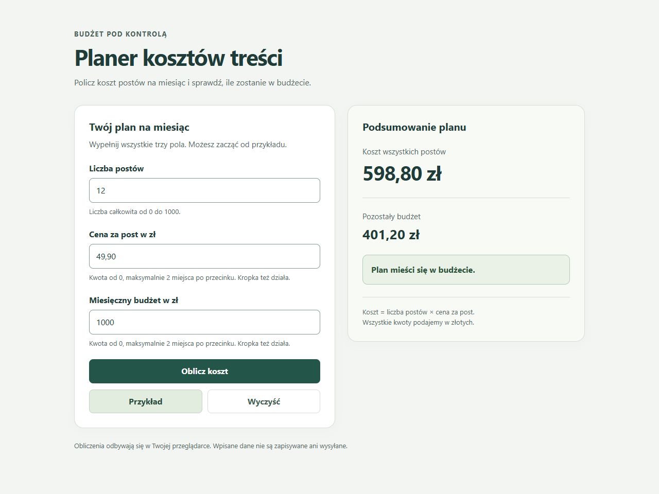 Planer kosztów treści przygotowany przez Codex: formularz i podsumowanie w dwóch kolumnach