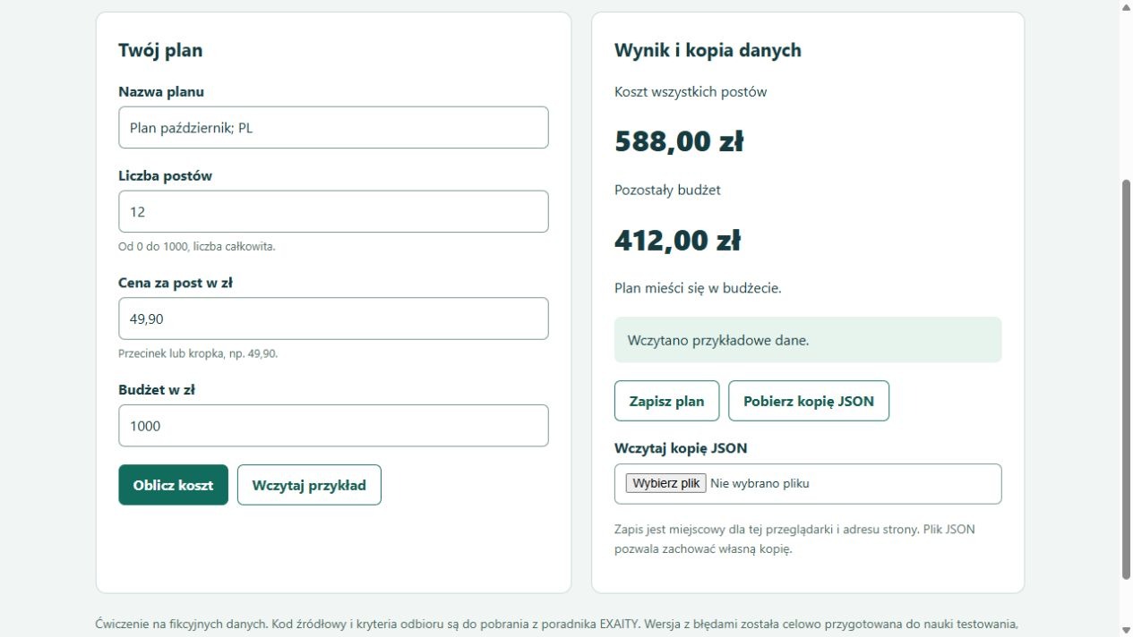 Celowo błędny planer: cena 49,90 zł i niepoprawny koszt 588 zł