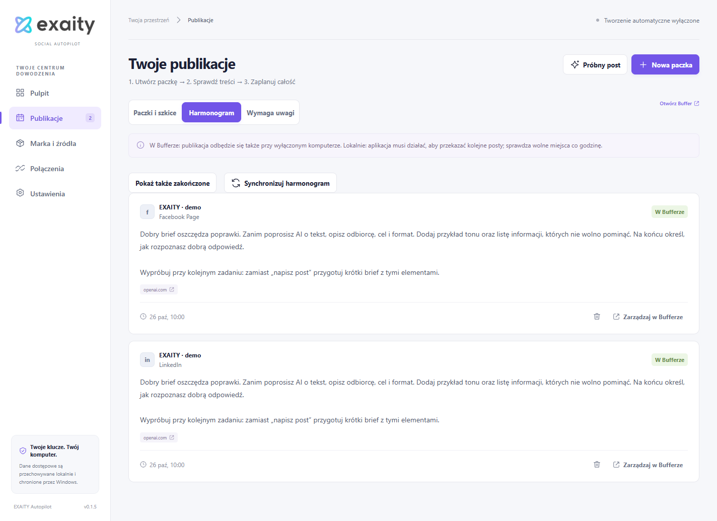 Harmonogram EXAITY Autopilot: posty w kolejce Buffera, terminy i zarządzanie publikacjami