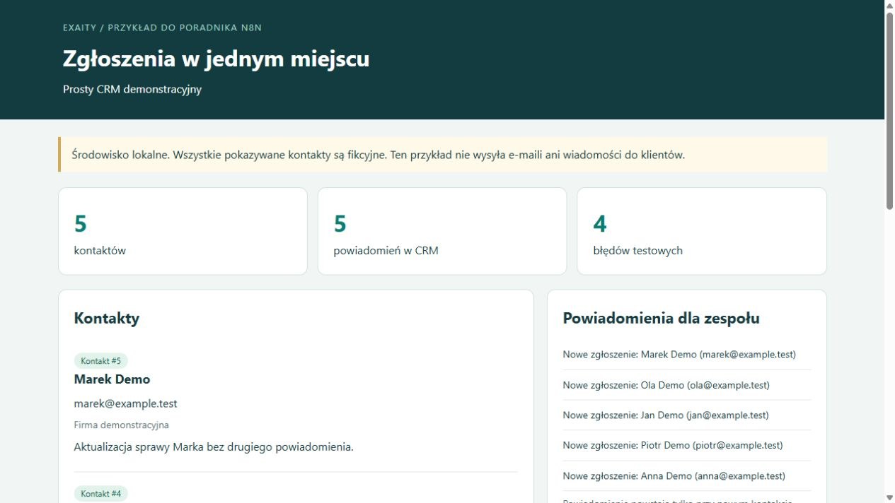 Lokalny CRM demonstracyjny EXAITY z fikcyjnymi kontaktami i powiadomieniami