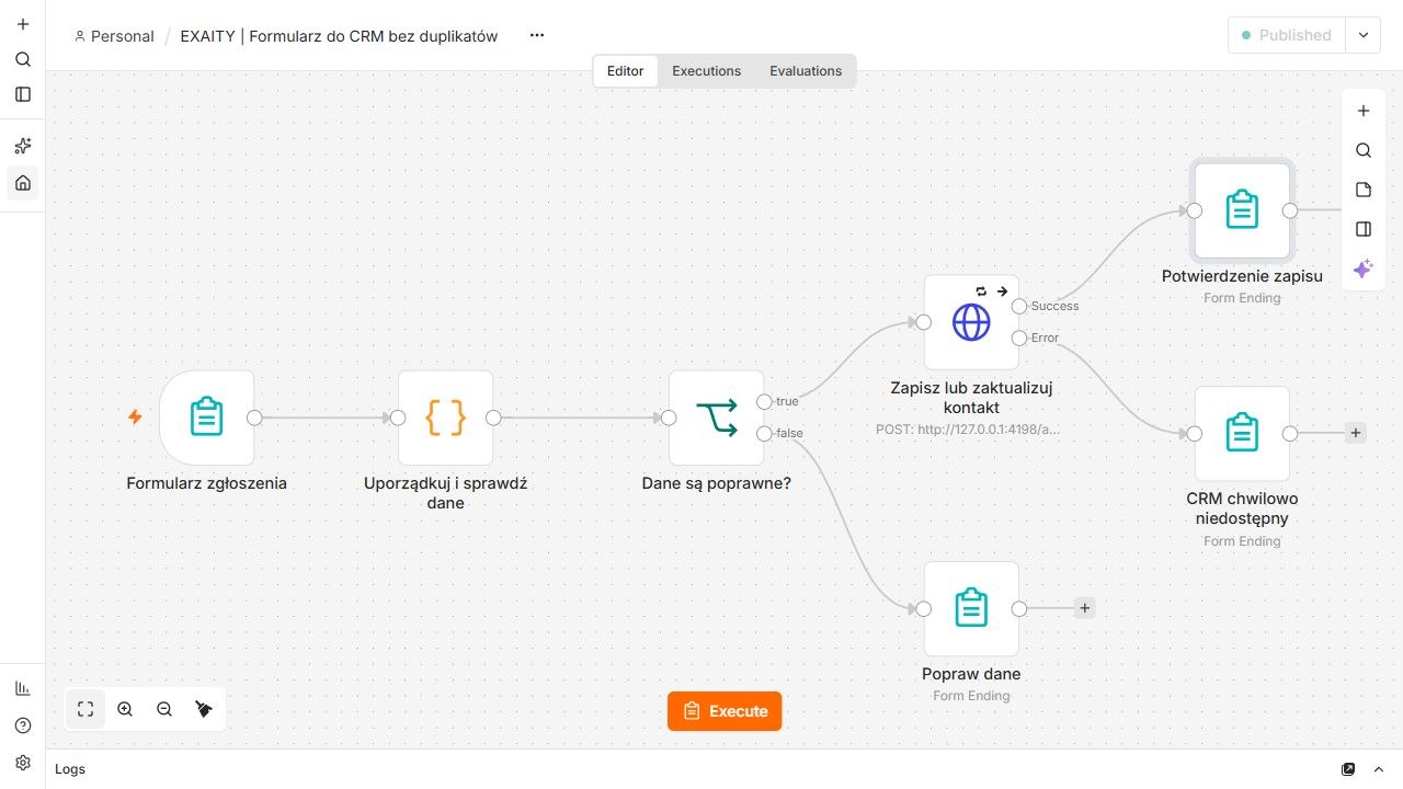 Workflow n8n: formularz, walidacja, zapis kontaktu i osobne zakończenie po błędzie CRM