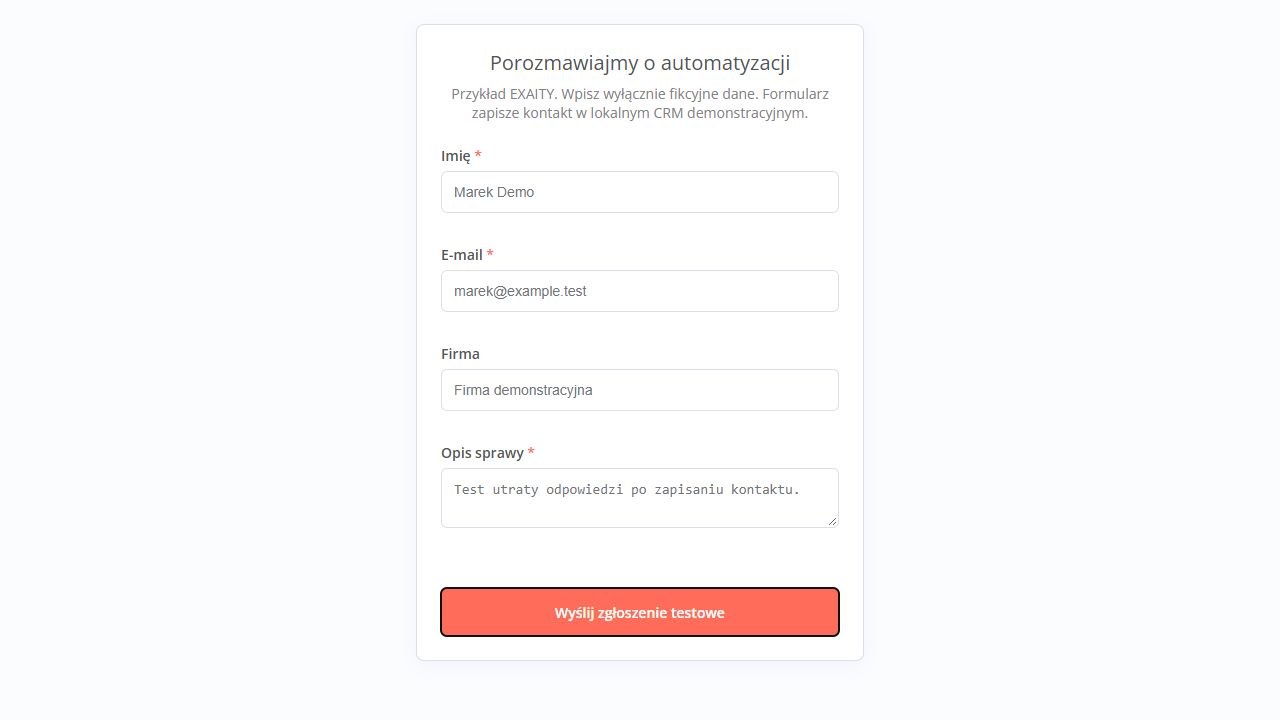 Formularz n8n z polami imię, e-mail, firma i opis sprawy