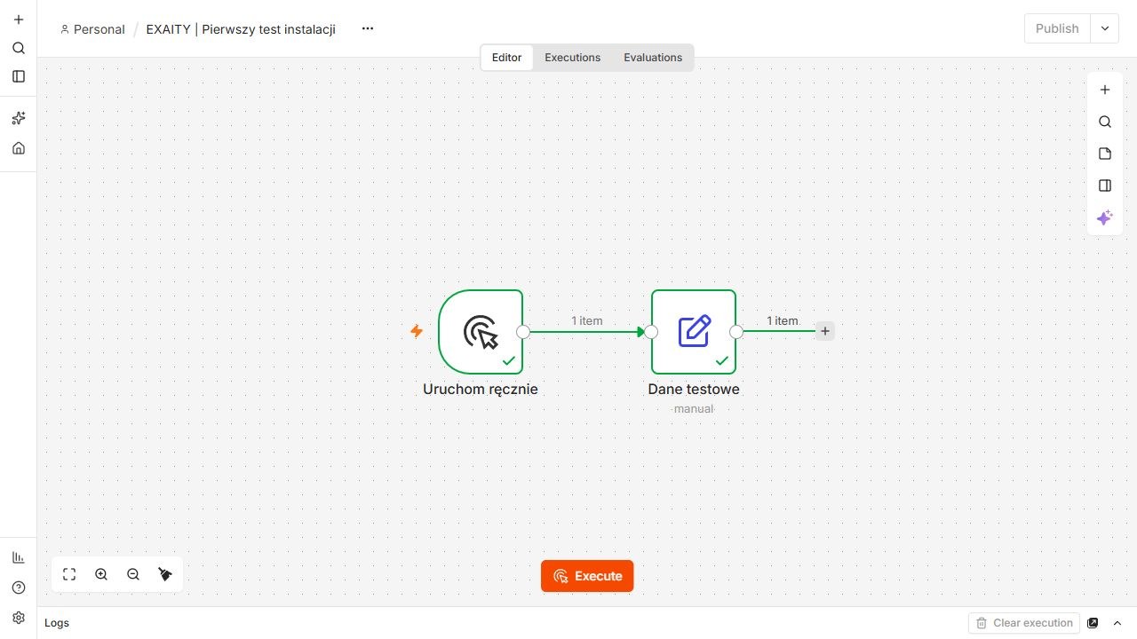 Pierwszy workflow n8n z ręcznym wyzwalaczem i węzłem danych testowych