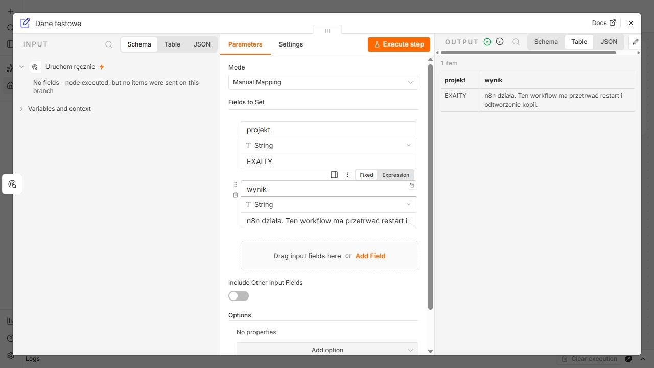 Wynik workflow n8n: pola projekt i wynik widoczne w tabeli OUTPUT