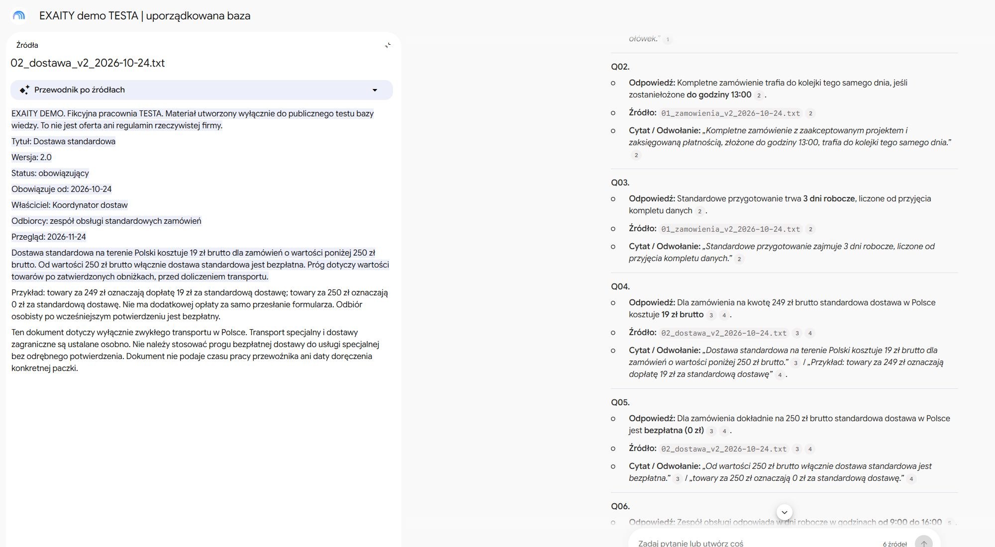 Przykład odpowiedzi asystenta na podstawie procedury dostawy z otwartym źródłem