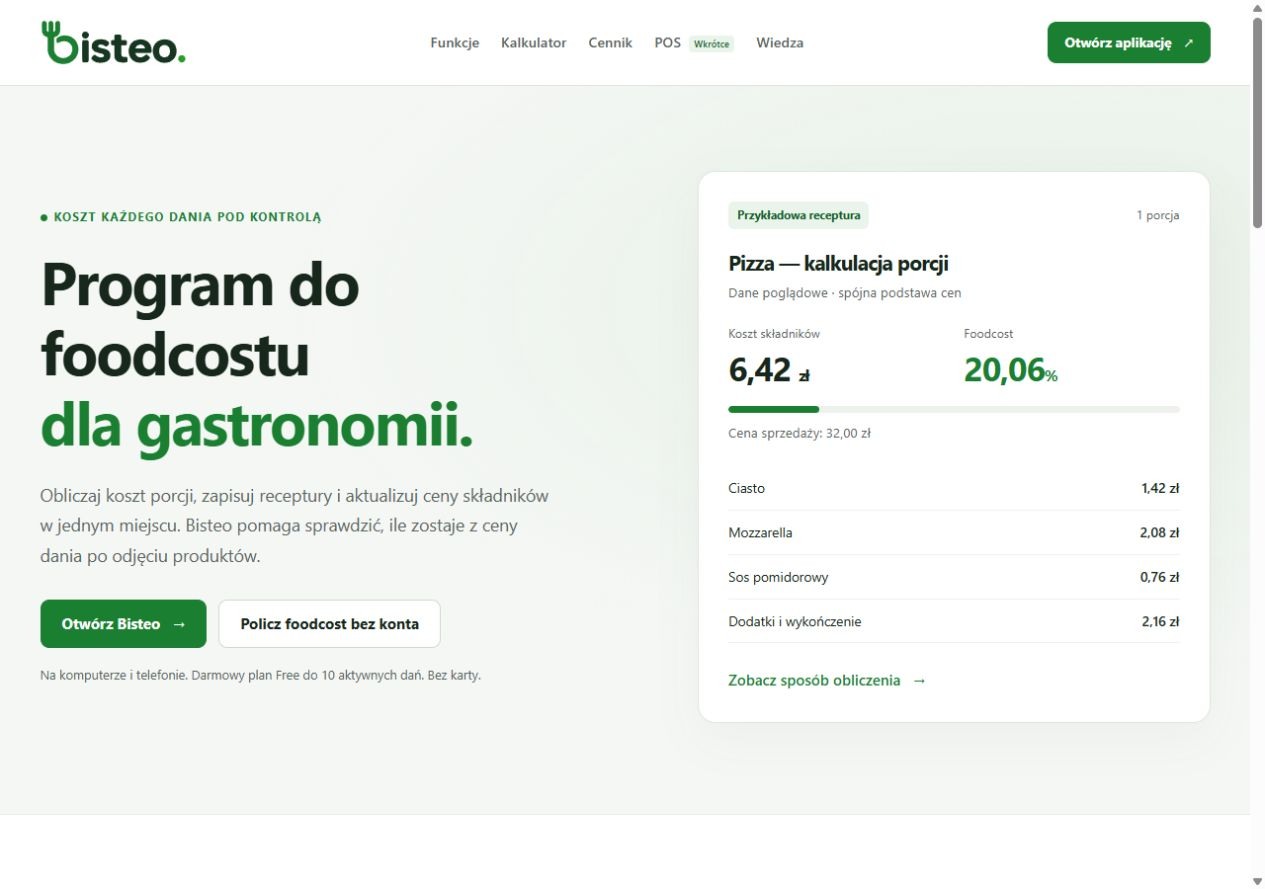 Strona Bisteo: prezentacja programu do foodcostu