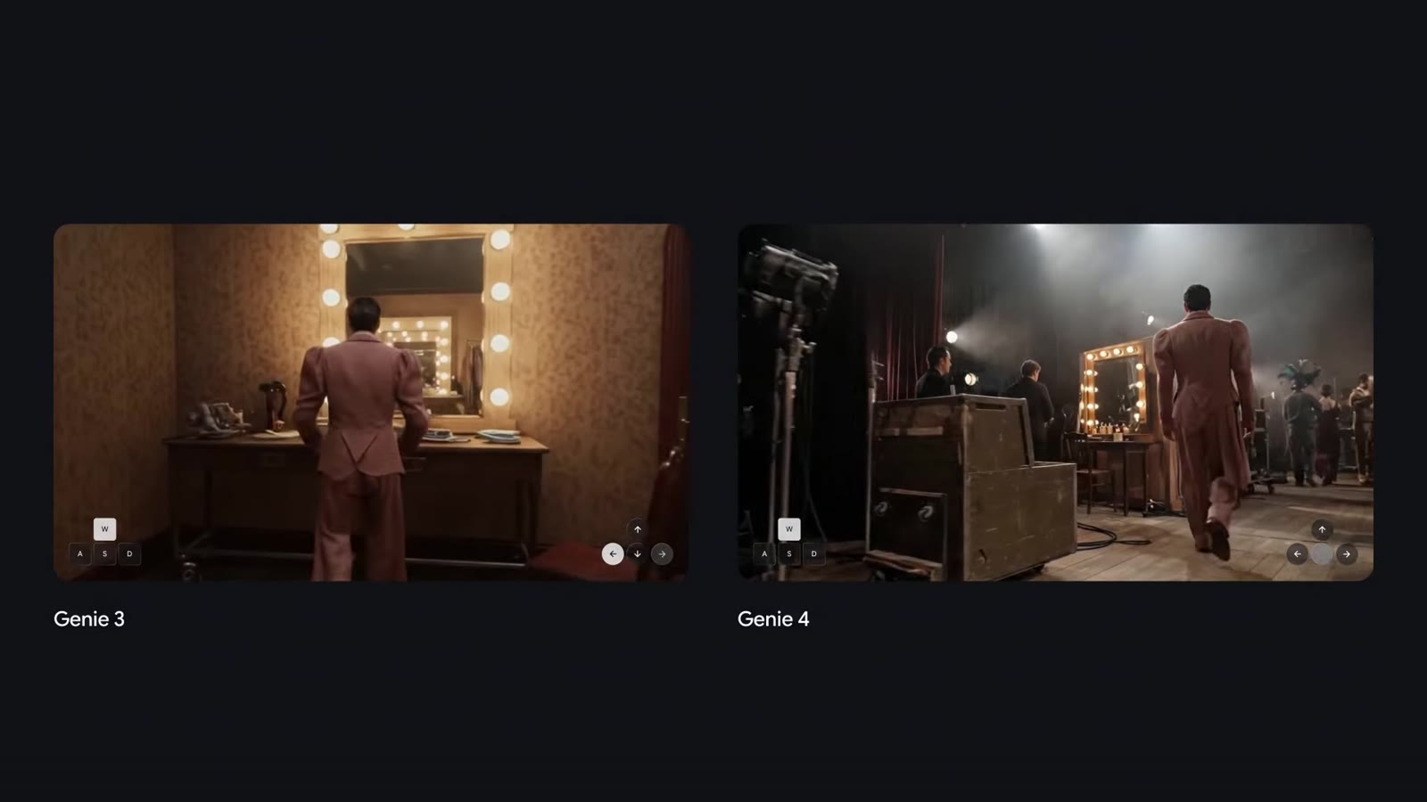 Porównanie Genie 3 i Genie 4: dwie wersje sceny z postacią w garderobie
