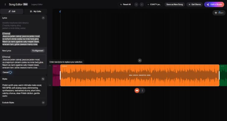 Suno Song Editor: zaznaczony refren i pole New Lyrics do podmiany jednej linijki
